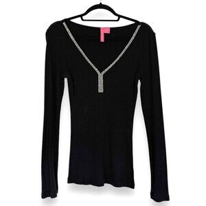 Charlotte Russe Y2K Black Top Rhinestone V-Neck Ribbed Long Sleeve Glam Medium